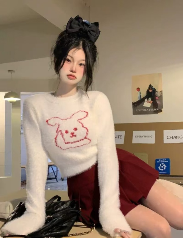 White Mink Velvet Rabbit Sweater Women's Autumn and Winter Thickened Milk Series Soft Waxy Short Bottoming Sweater