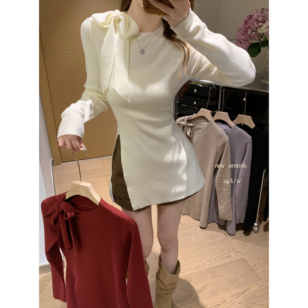Actual shot of autumn and winter Korean style temperament strappy mid-length Andy velvet sweater bottoming long-sleeved sweater