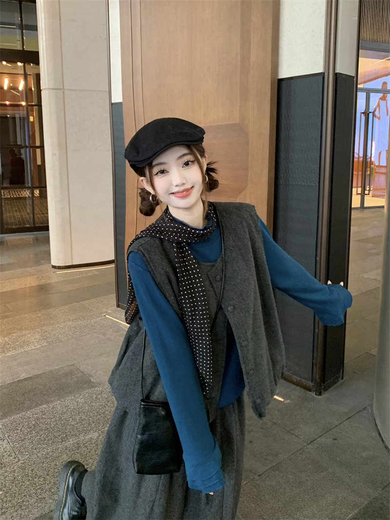 Real shot Japanese style retro layered simple cotton waistcoat versatile half skirt + trumpet sleeve long sleeve set 