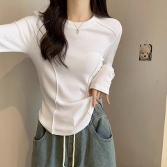 White long-sleeved bottoming shirt for women in spring, autumn and winter, short fishbone top, slim fit, western style brushed T-shirt