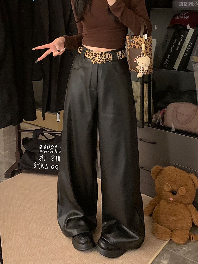 Photographed American sweet and spicy leopard print belt design padded leather pants for autumn and winter high-waisted slimming casual pants wide-leg pants