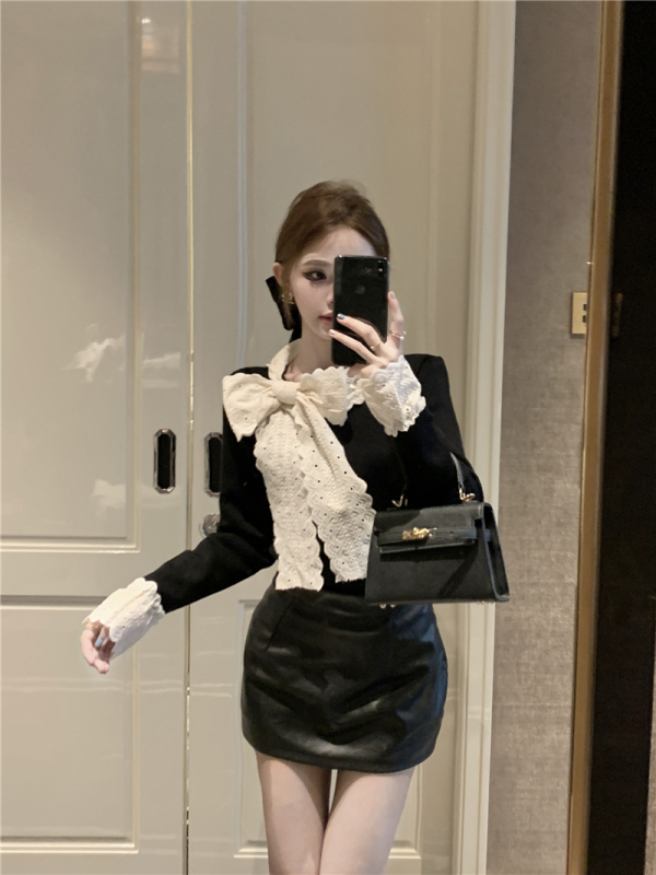 French chic little fragrant lace bow knitted sweater top