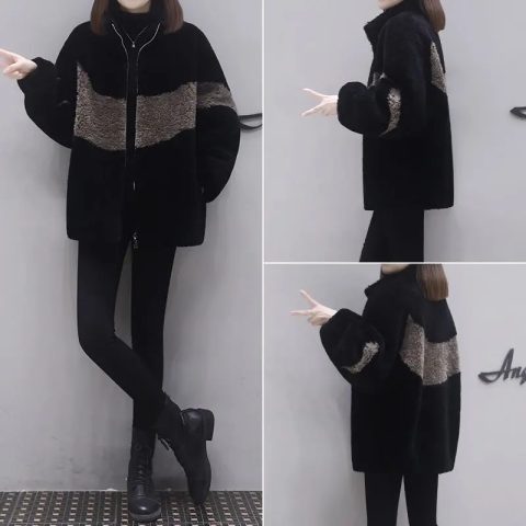 Short imitation lamb wool coat for women new winter plus velvet thickened large size loose color block coat for women trendy