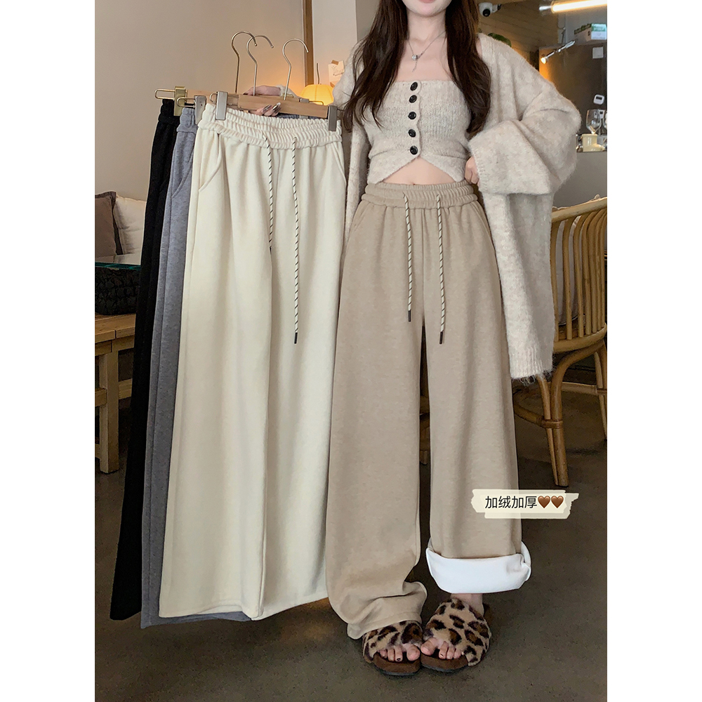 Real shot! 2024 Winter Cashmere Pants Plus Velvet Thickened Drawstring Drapey Wide Leg Pants Casual Pants for Women