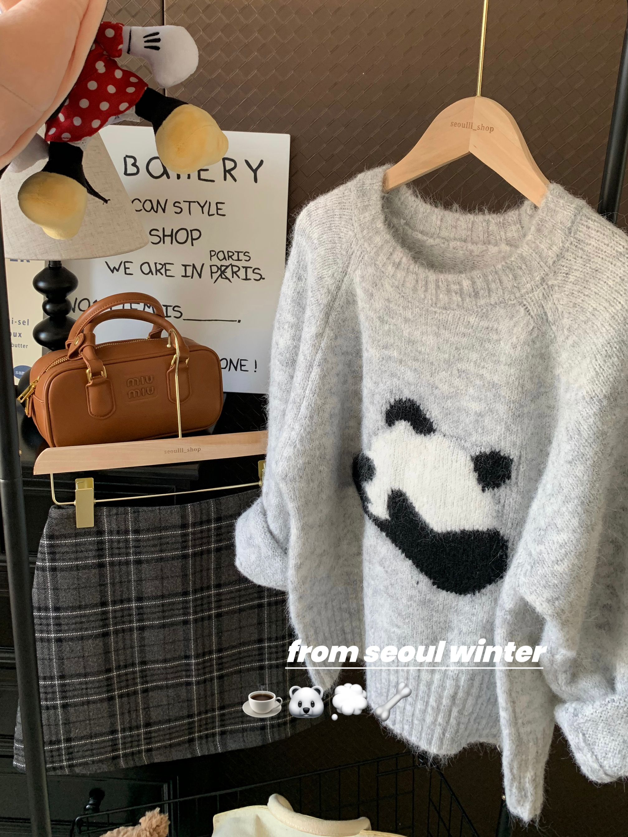 "Shot in 2024~ Adorable! Love the A-line mini skirt set with checkered patterns and a panda sweater"