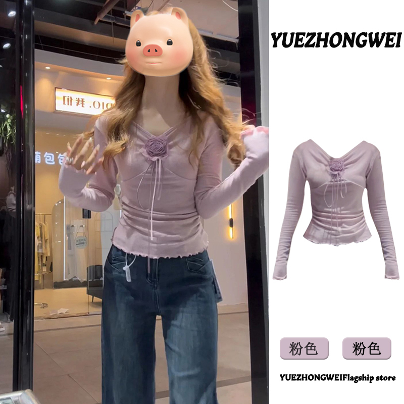 Korean style pink three-dimensional flower long-sleeved bottoming shirt for women in autumn and winter slim fit inner sweater top