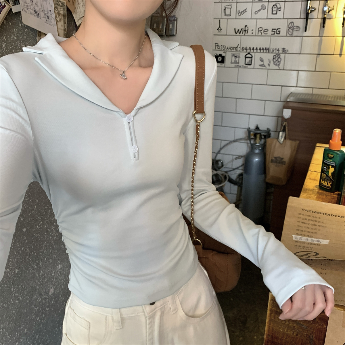 Actual shot of autumn and winter Korean style slim-fit button suit collar pleated slim cotton long-sleeved inner T-shirt top