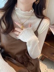 Women's new half turtleneck lace bottoming shirt with mesh inside, spring and autumn style thin long-sleeved top trendy