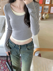 Real shot of fake two-piece bottoming shirt for women in autumn and winter new style spliced ​​round neck with long-sleeved T-shirt and low-neck top