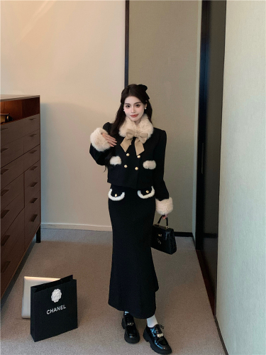 Real shot!  Xiaoxiangfeng wealthy daughter suit quilted thickened woolen jacket half length skirt two-piece set for women