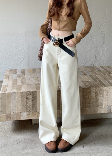 Photographed~ Fleece-lined and thickened denim jeans for autumn and winter, composite fleece slim-fit narrow-leg pants, slimming loose straight-leg ground-length pants