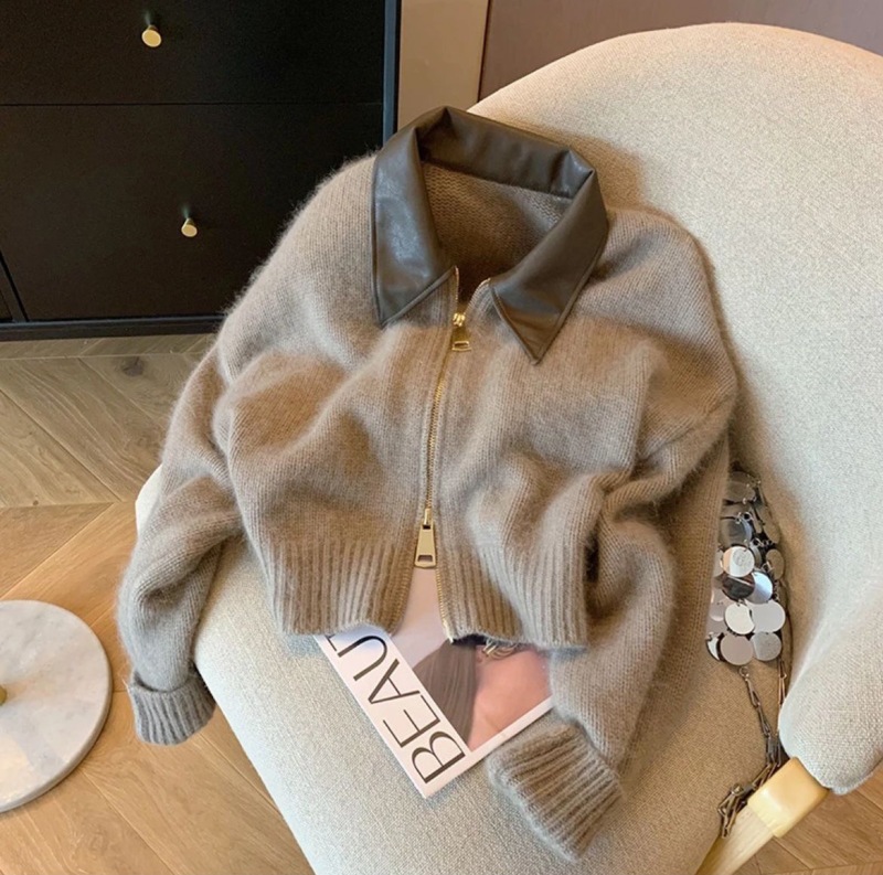 Black high-end stitching leather collar knitted cardigan jacket for women new niche fashionable double zipper sweater