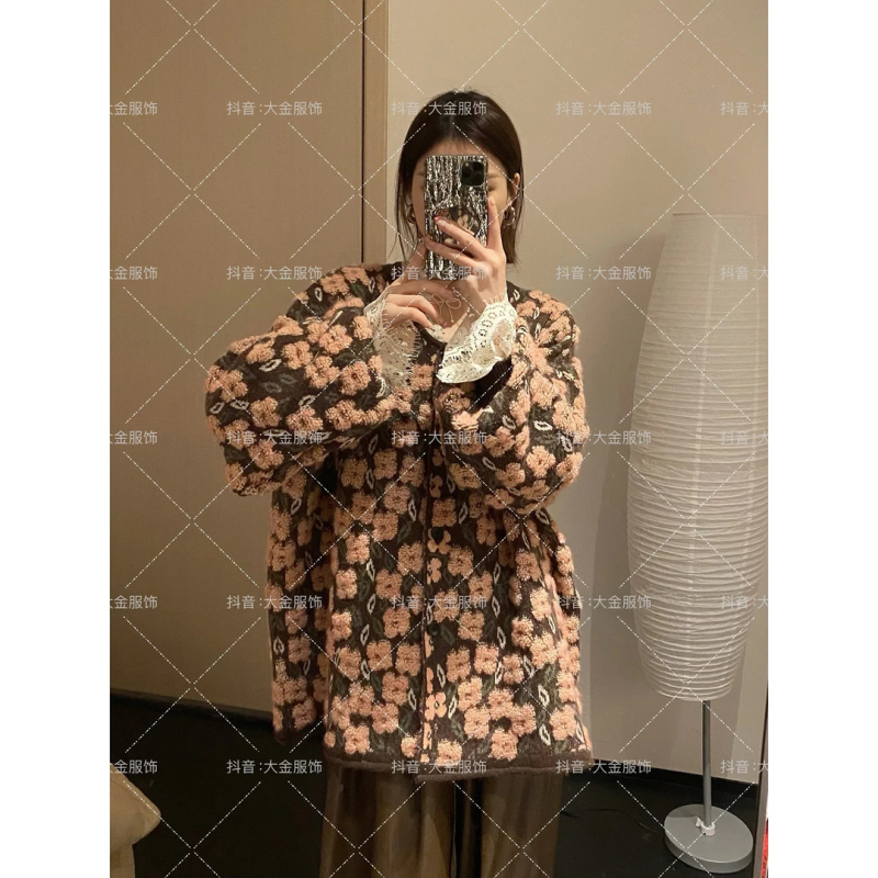 秋德拉海鹽花 設計款秋冬小眾慵懶風印花時尚毛衣開衫提花