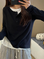 Plus size women's fake two-piece top round neck black long-sleeved T-shirt in autumn for fat mm to look slim and cover the flesh with a bottoming shirt