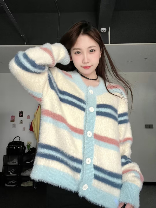 Lazy style contrast striped sweater jacket