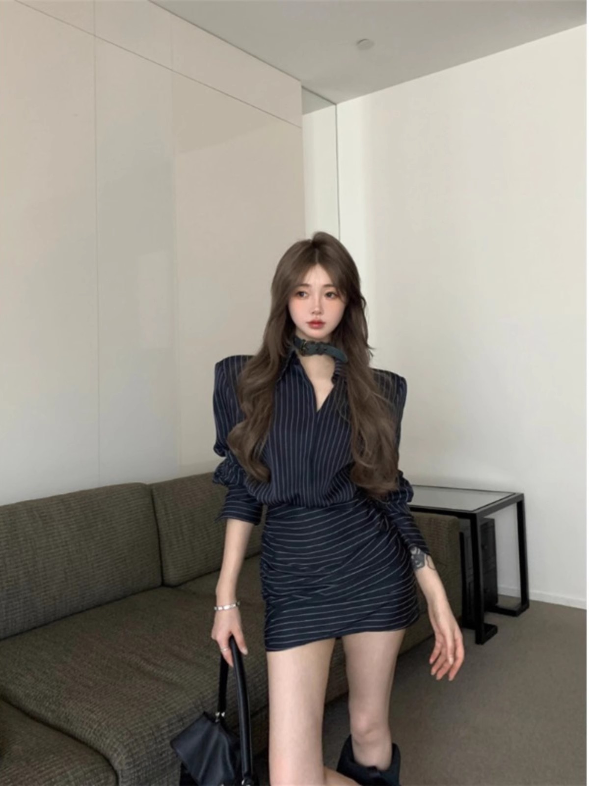 Retro Striped Design Long-Sleeve Shirt Dress for Women Autumn Trendy Sexy Unisex Layering Bodycon Dress