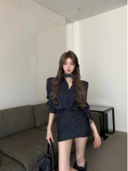 Retro Striped Design Long-Sleeve Shirt Dress for Women Autumn Trendy Sexy Unisex Layering Bodycon Dress