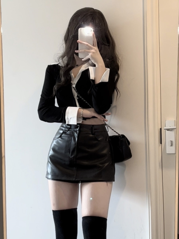 Fake two-piece long-sleeved shirt 2024 hot girl design stitching slimming short top