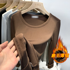 Right shoulder large round neck plush inner T-shirt women's top Korean style simple and versatile slim fit plus velvet bottoming shirt