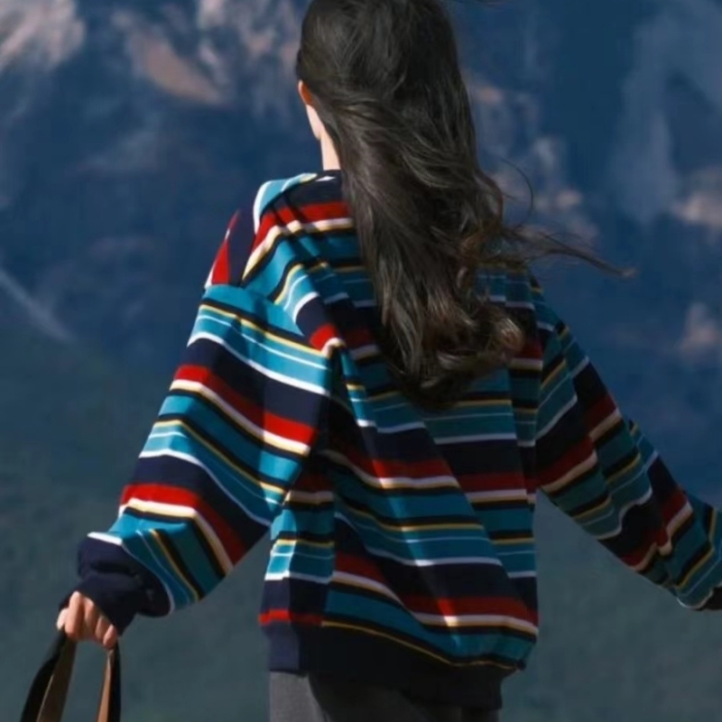Japanese college style loose lazy sweater French retro sweet rainbow striped knitted cardigan top jacket