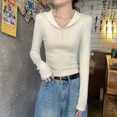 Actual shot of autumn and winter Korean style slim-fit button suit collar pleated versatile cotton long-sleeved inner T-shirt top