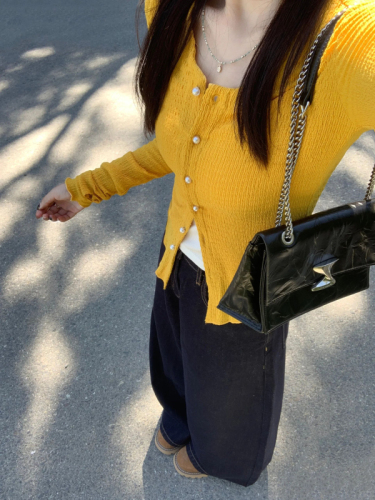 Early Autumn Wear Yellow Knitted Sweater Coat Women's Spring Autumn Cardigan New Slim Fit Hot Girl Early Autumn Long Sleeve Top