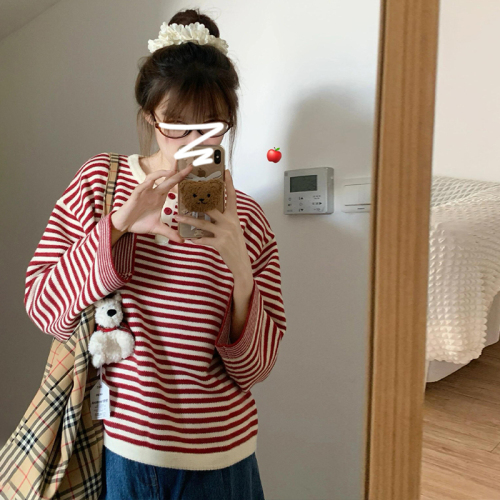 Lazy Feeling Red Striped Color Block Knit Top Autumn Outfit Loose Women's Sweater 2024 New Arrival
