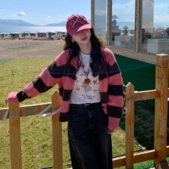 Two-color lazy striped sweater cardigan loose versatile short coat