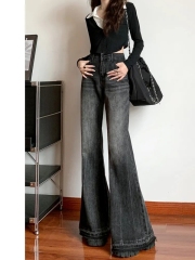Large size American retro micro-flare jeans for women in autumn design raw edge horseshoe pants high waist loose wide leg pants