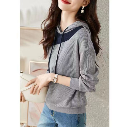 Spring and Autumn Waffle Hooded Sweatshirt Women's Casual Versatile Long Sleeve Bottoming Shirt High-end Fashion Slim T-Shirt Top