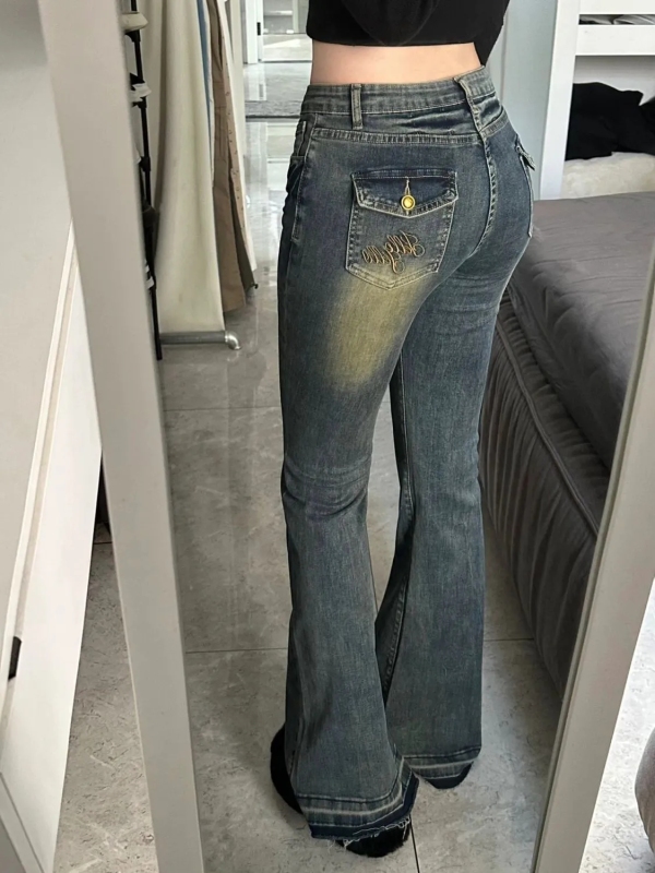 Large size American embroidered high street bootcut jeans for women, retro washed slim fit stretchy slim high waisted floor mopping pants