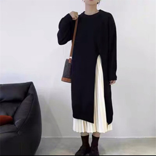 Autumn and winter lazy style round neck pullover sweater skirt women's loose knee-length mid-length side slit knitted dress