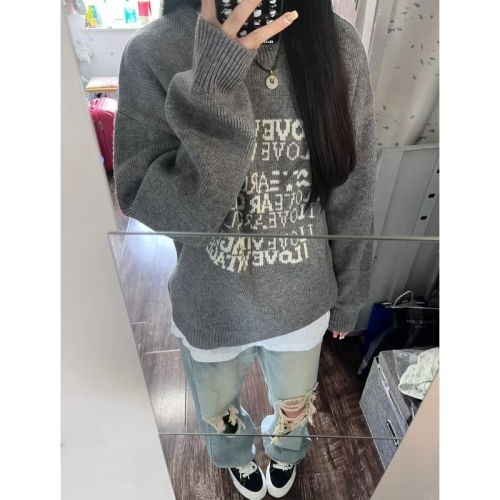 American Retro Women's Fall/Winter Thick Letter Embroidered Gray Crew Neck Knit Sweater Loose Hooded Long Sleeve Top