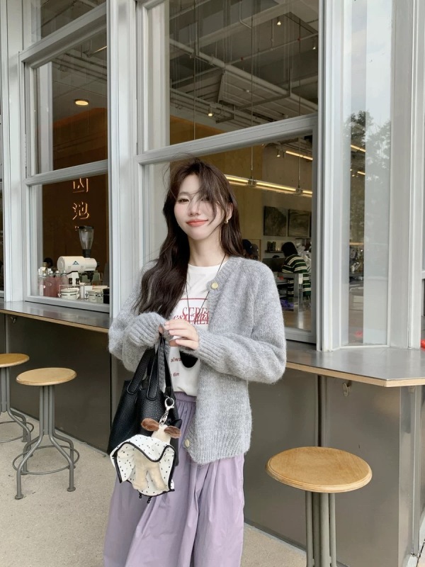 Lazy round neck sweater cardigan women's autumn loose and versatile knitted jacket