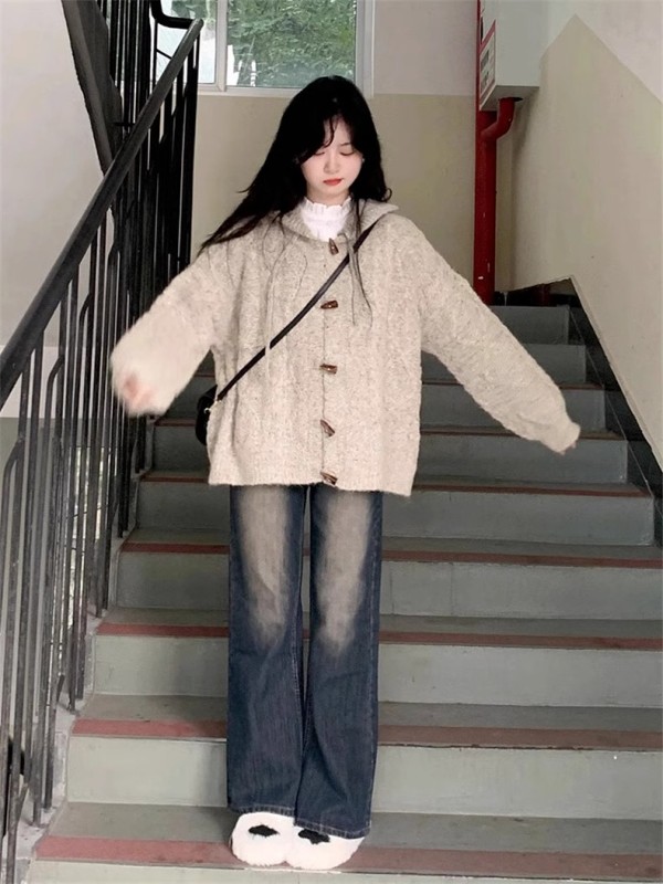 Soft and lazy style horn button hooded sweater cardigan coat for women spring and autumn new high-end top
