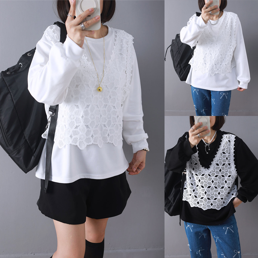 Actual shot of massive exquisite embroidered vest women's solid color hollow flower stitching fake two-piece top 2024 autumn