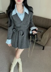 Lazzy Wind Korean Version Two-Piece Knit Dress for Women, Autumn/Winter Short Sleeve Wool Dress, New Arrival 2024