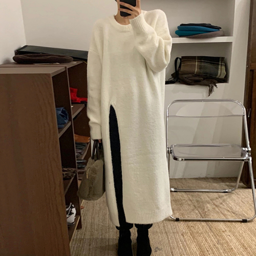 Autumn and winter lazy style round neck pullover sweater skirt women's loose knee-length mid-length side slit knitted dress