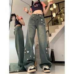 Plus size spring and autumn new jeans female star American retro high waist slim loose hot girl straight wide leg trousers