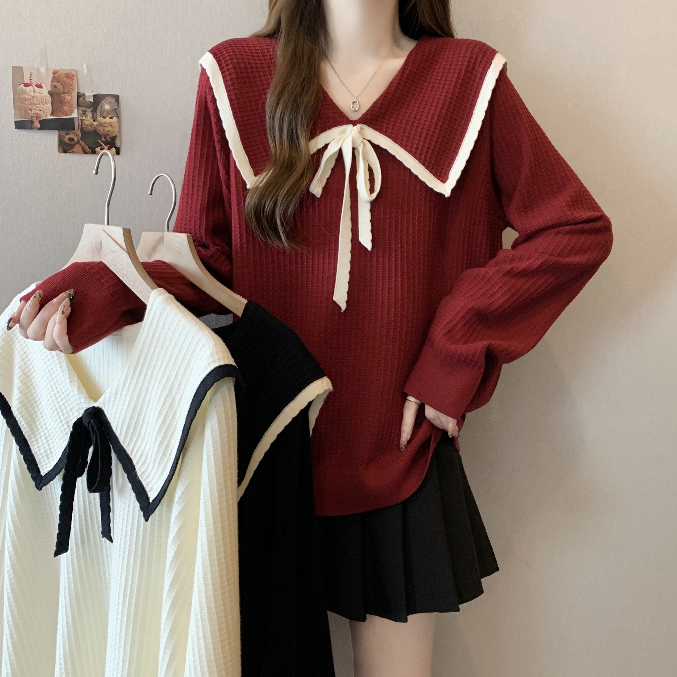 Actual shoot~ Plus-size V-neck color-blocking knit sweater loose and slimming top