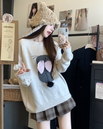 Real shot ~ Casual lazy style long-sleeved round neck three-dimensional rabbit knitted sweater autumn and winter loose slimming top