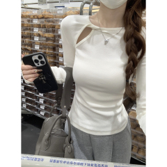 Actual shot of autumn and winter Korean style slim-fitting hollow design slim long-sleeved inner T-shirt top for women