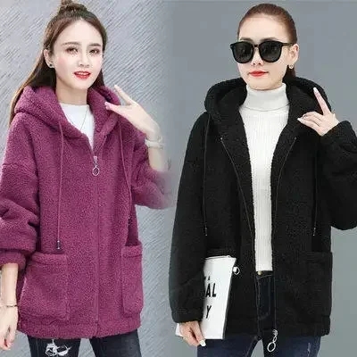 Stock available Autumn/Winter faux lambskin women's puffer hoodie with extra insulation and thickness plus size women's Korean style zip-up jacket