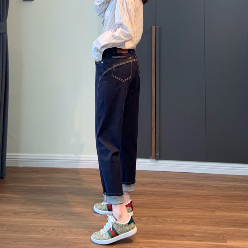 Plus size women's 2024 new high waist harem pants fat mm loose slimming nine-point straight jeans trendy