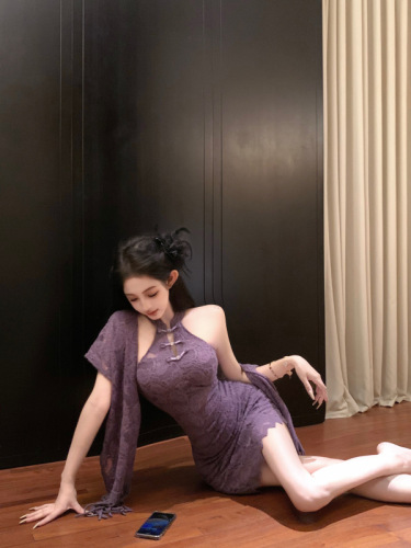 Real shot!  New Chinese style autumn and winter off-shoulder lace halterneck dress women's bottoming slimming shawl suit