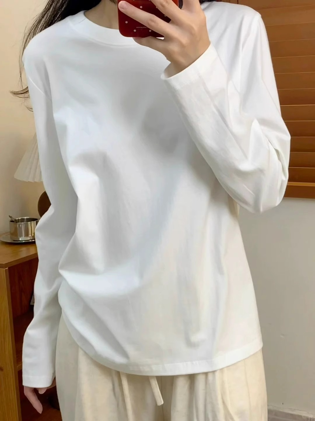 High quality pure cotton 200g 21 count combed precision solid color autumn loose long-sleeved T-shirt for women