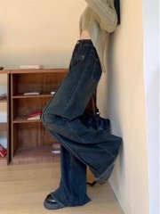 Retro blue washed jeans for women plus size fat mm spliced ​​high waist straight pants wide leg pants floor mopping pants