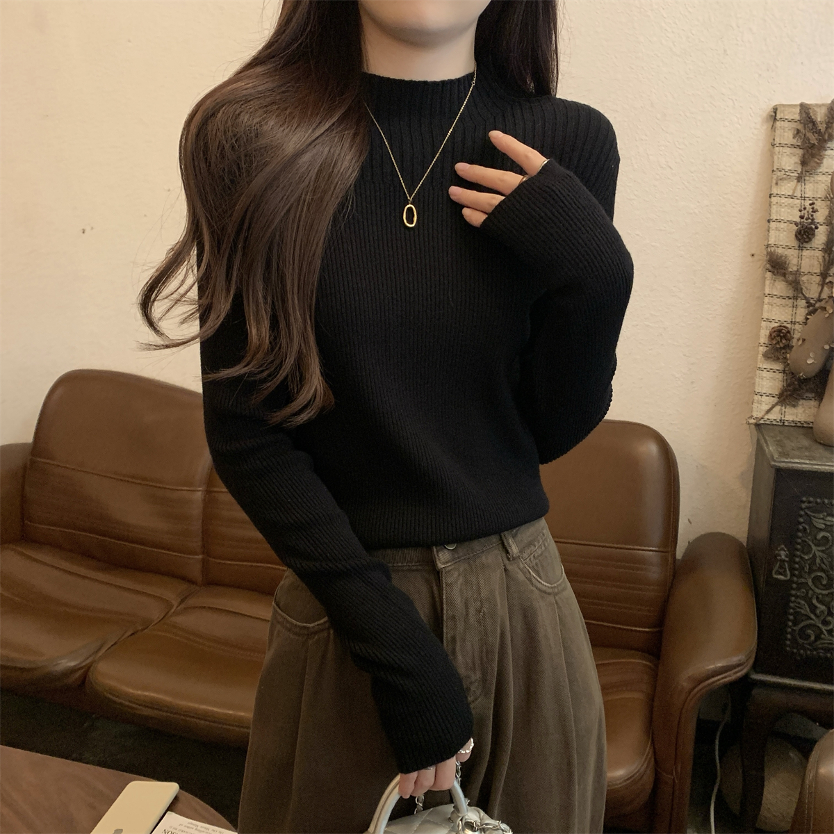 Actual shot of autumn and winter Korean style half turtleneck simple design versatile andi velvet sweater bottoming sweater top
