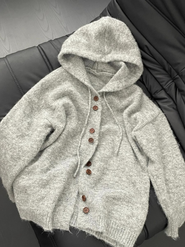 Gray hooded sweater cardigan coat women's autumn and winter Korean style oversize lazy style knitted sweater top