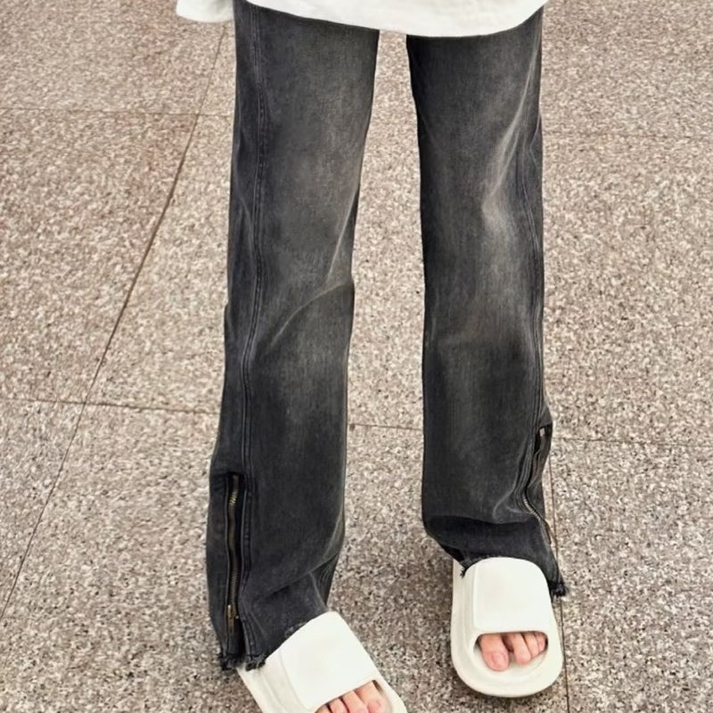 American street hip-hop slit zipper jeans for women, loose high-waist drape straight floor-length pants